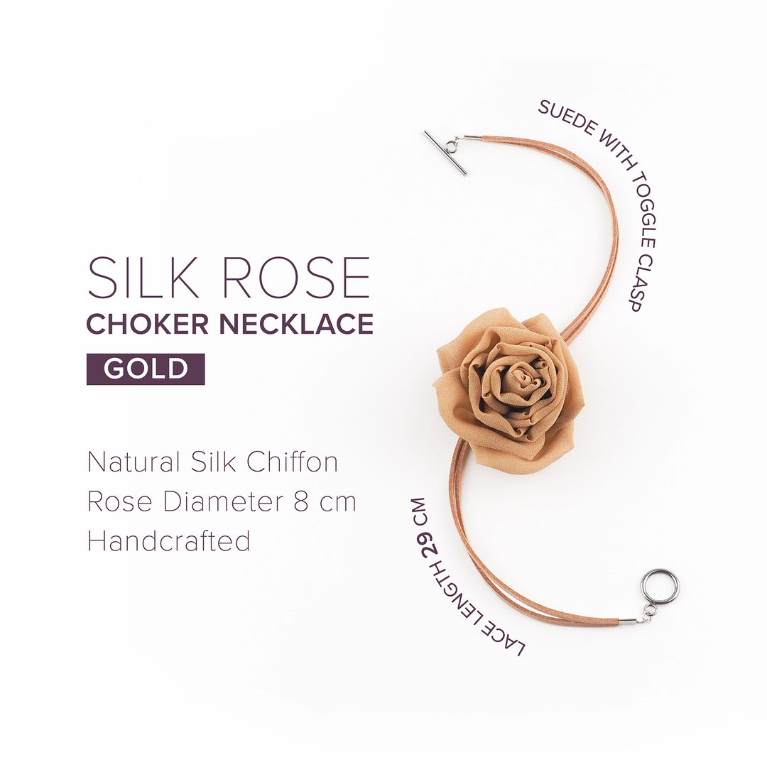 Informational layout for gold silk rose choker necklace, with size, materials, and clasp type clearly shown