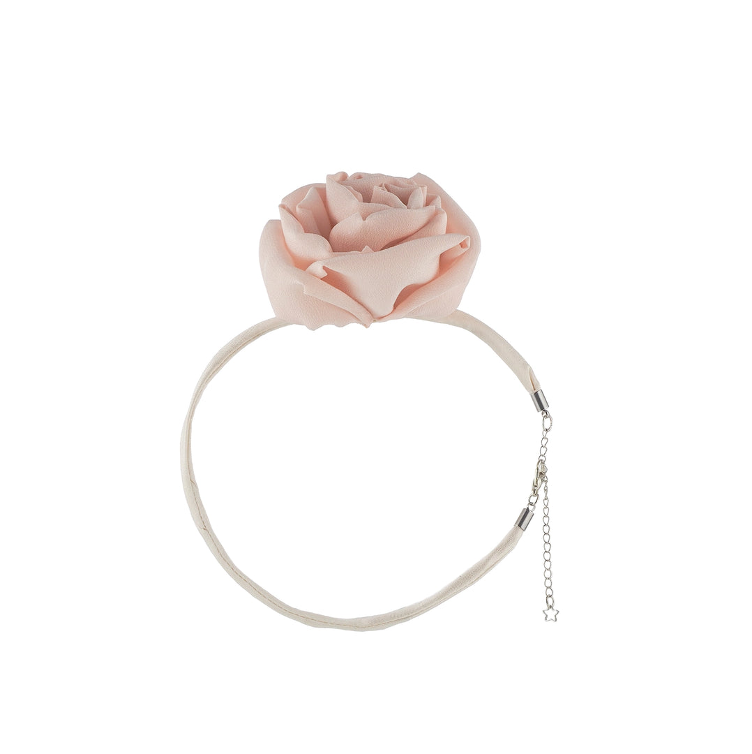Front view of the handcrafted Pink Silk Rose Choker Necklace featuring a blush-pink silk rose on a dupioni silk band with lobster clasp and silver chain