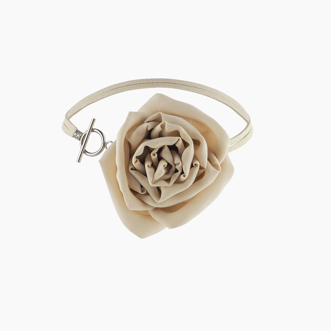Soft beige silk rose choker necklace with suede lace and toggle clasp, handcrafted accessory