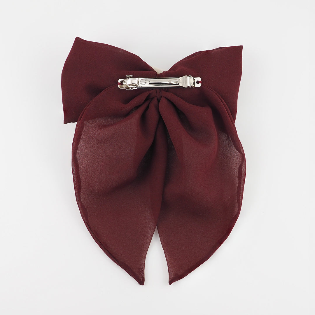 Handmade Maroon Chiffon Bow Hair Clip with Nude Silk Rose