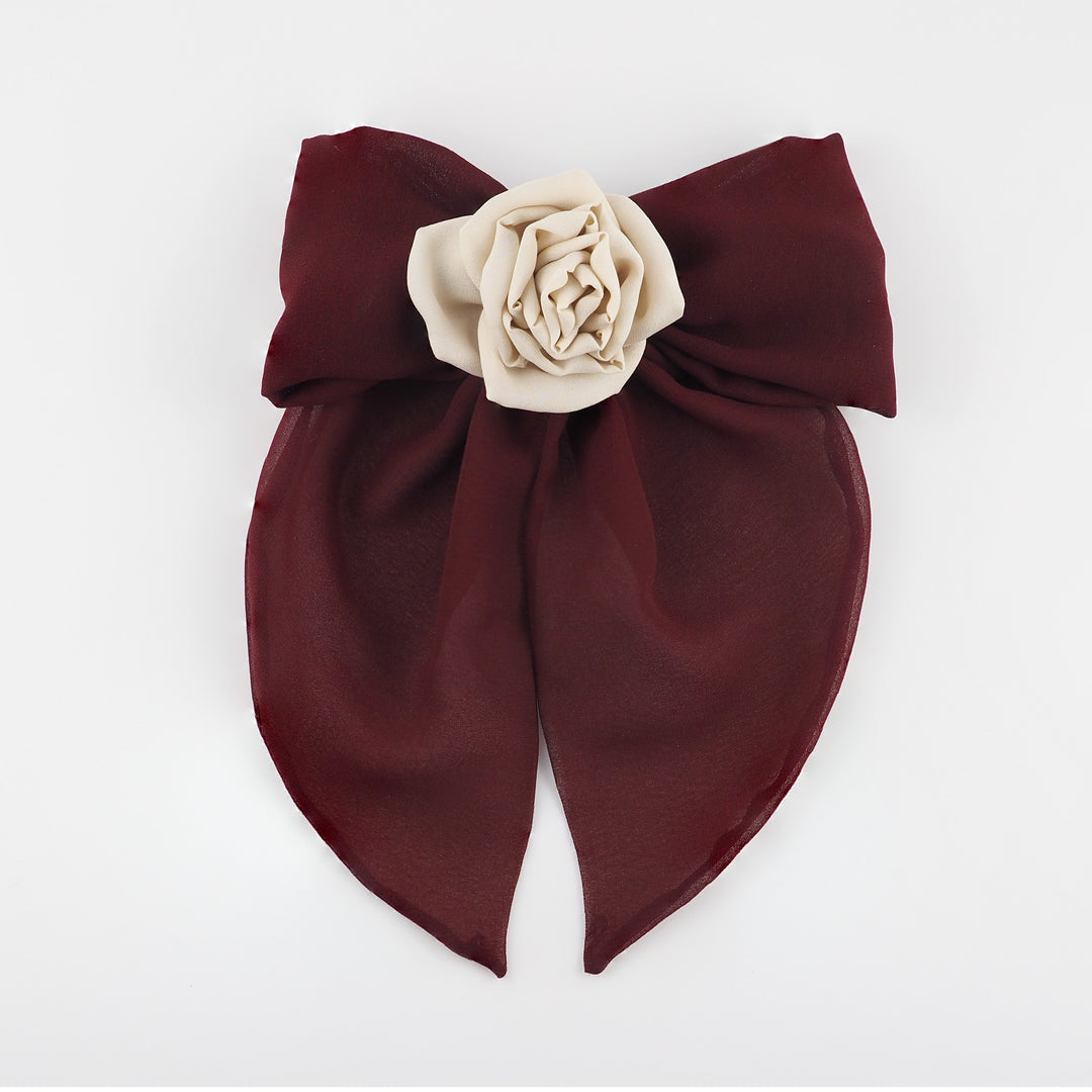 Handmade Maroon Chiffon Bow Hair Clip with Nude Silk Rose