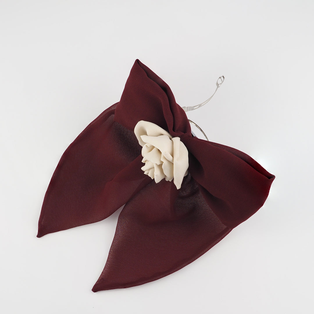 Handmade Maroon Chiffon Bow Hair Clip with Nude Silk Rose