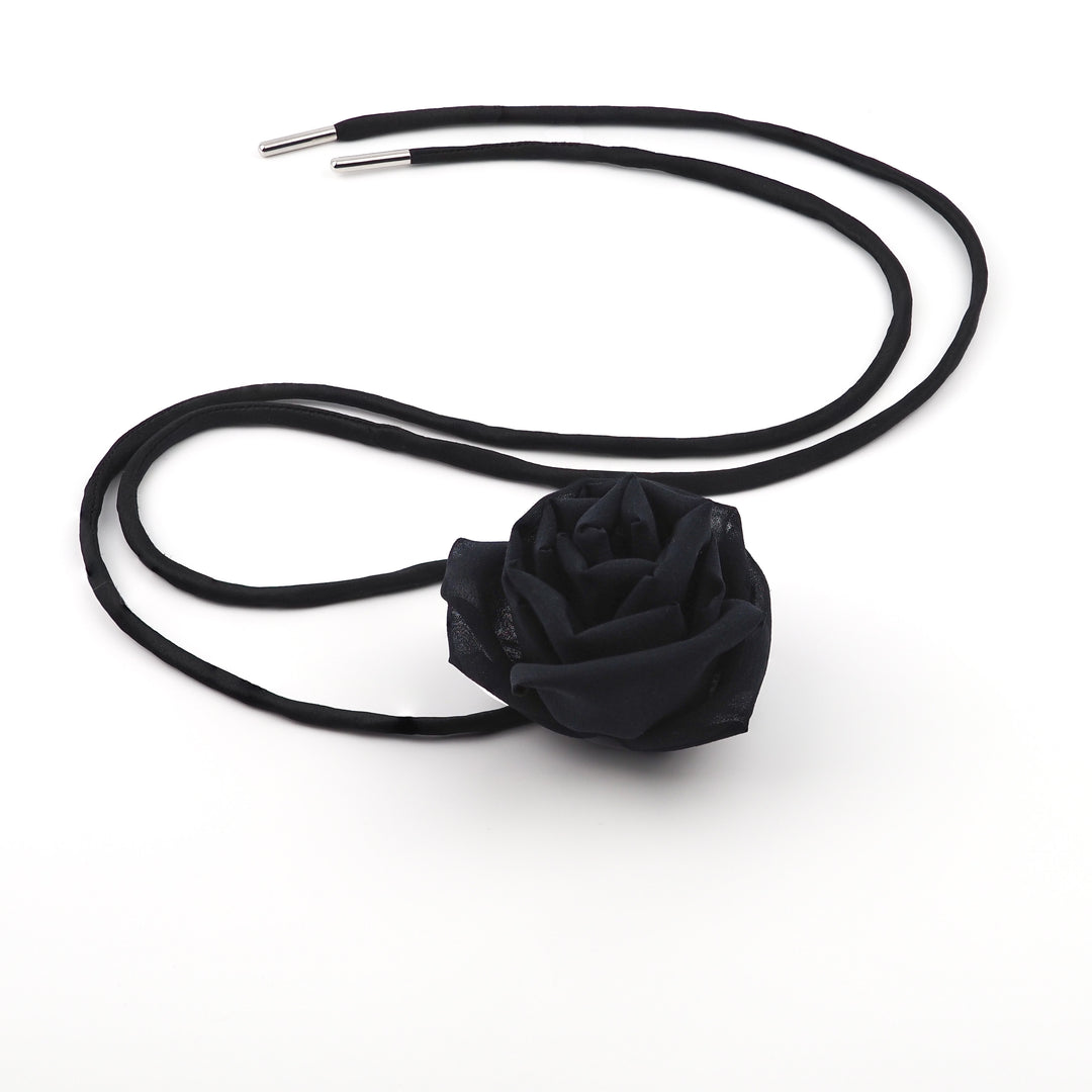 Black Silk Rose Choker Necklace with Adjustable Satin Lace – Handmade Statement Necklace
