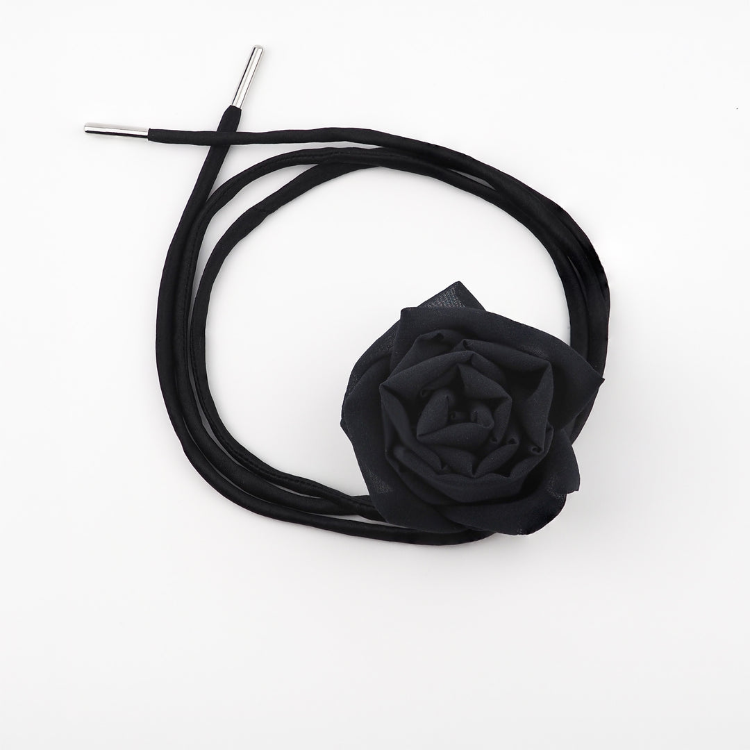 Black Silk Rose Choker Necklace with Adjustable Satin Lace – Handmade Statement Necklace