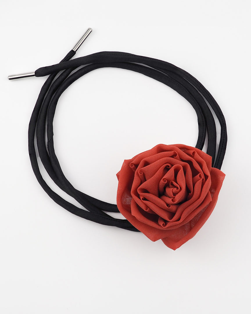 Red Silk Rose Choker Necklace with Black Satin Lace