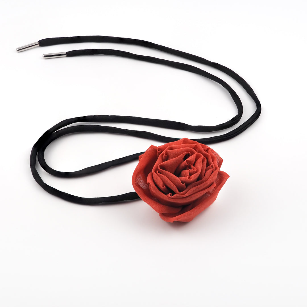 Red Silk Rose Choker Necklace with Black Satin Lace