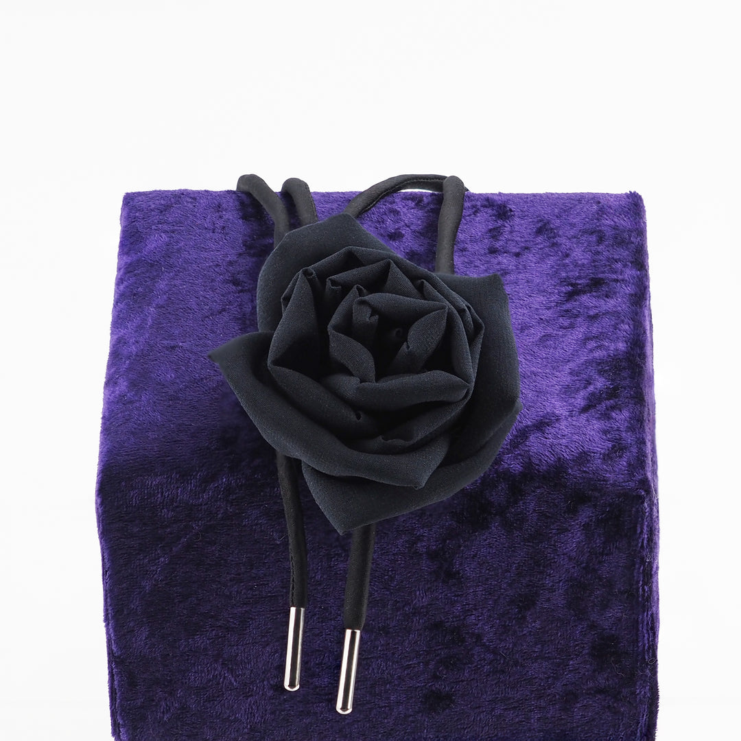 Black Silk Rose Choker Necklace with Adjustable Satin Lace – Handmade Statement Necklace