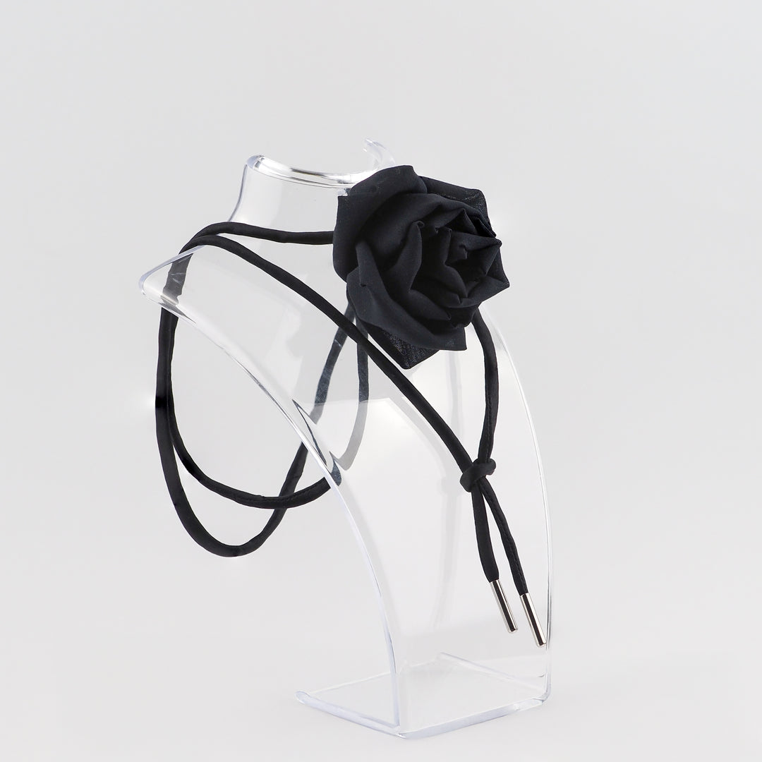 Black Silk Rose Choker Necklace with Adjustable Satin Lace – Handmade Statement Necklace