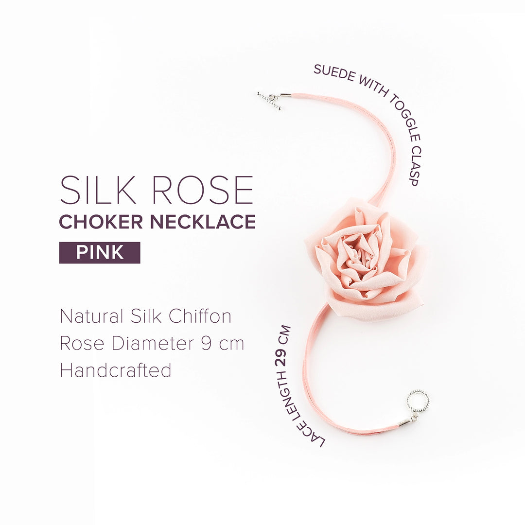 Informational image showing details of pink silk rose choker necklace with suede lace, toggle clasp, and 9 cm chiffon flower