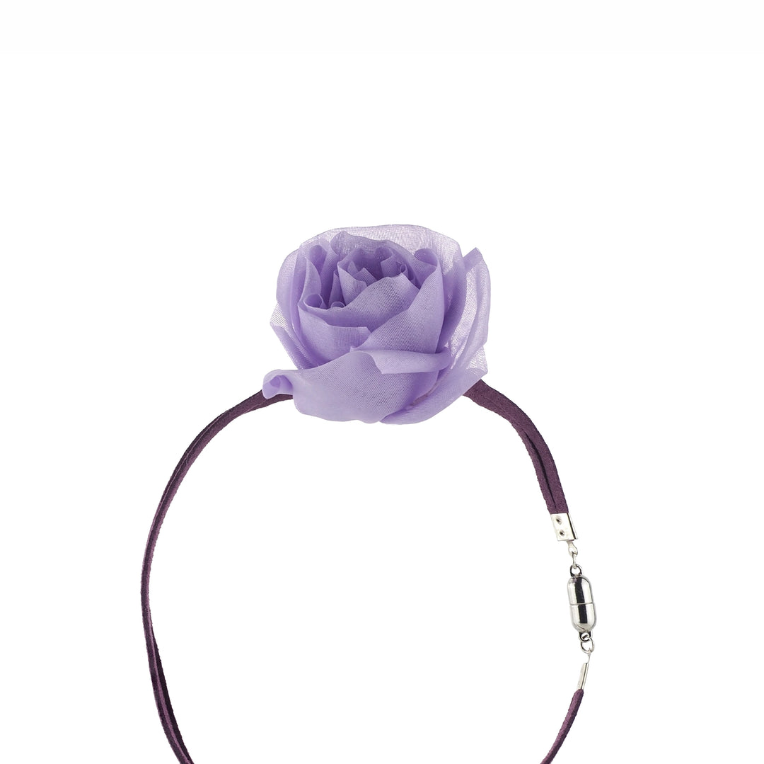 Handmade purple silk organza rose choker necklace with suede lace and toggle clasp, shown from the side to display layered petal details.