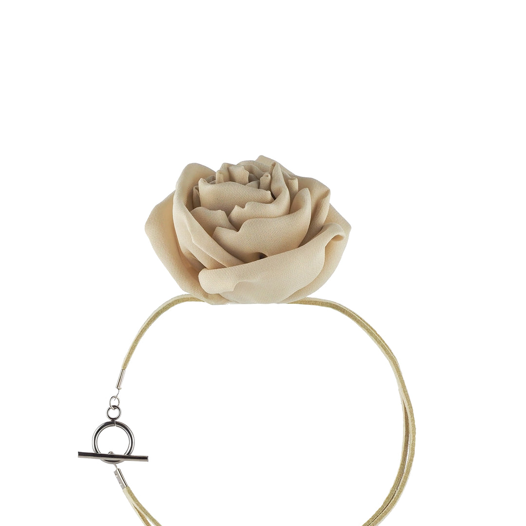 Side angle view of silk rose choker necklace, highlighting layered chiffon petals and suede lace