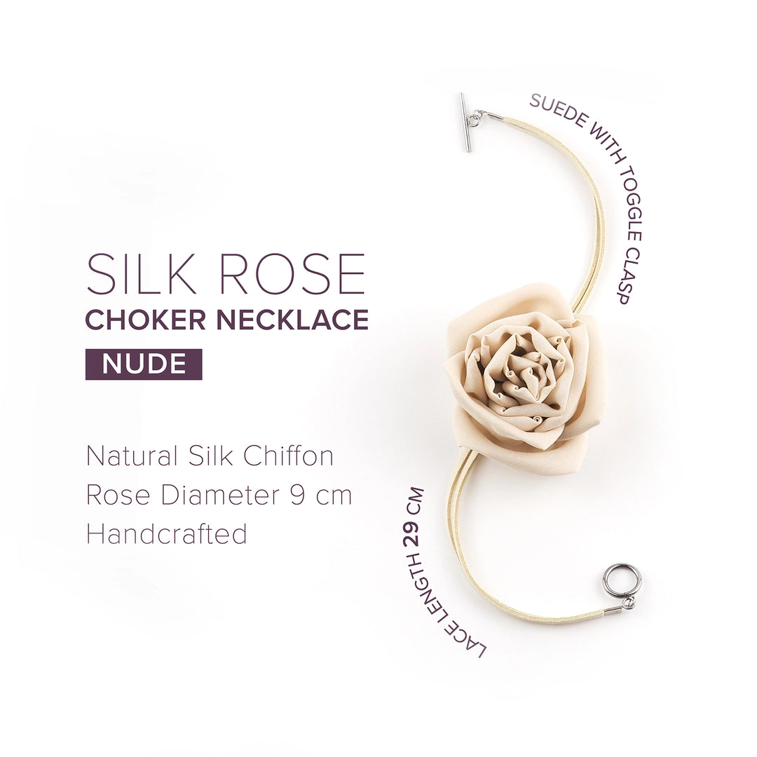 Close-up of handmade silk rose choker necklace in soft beige, showing rose size and product details