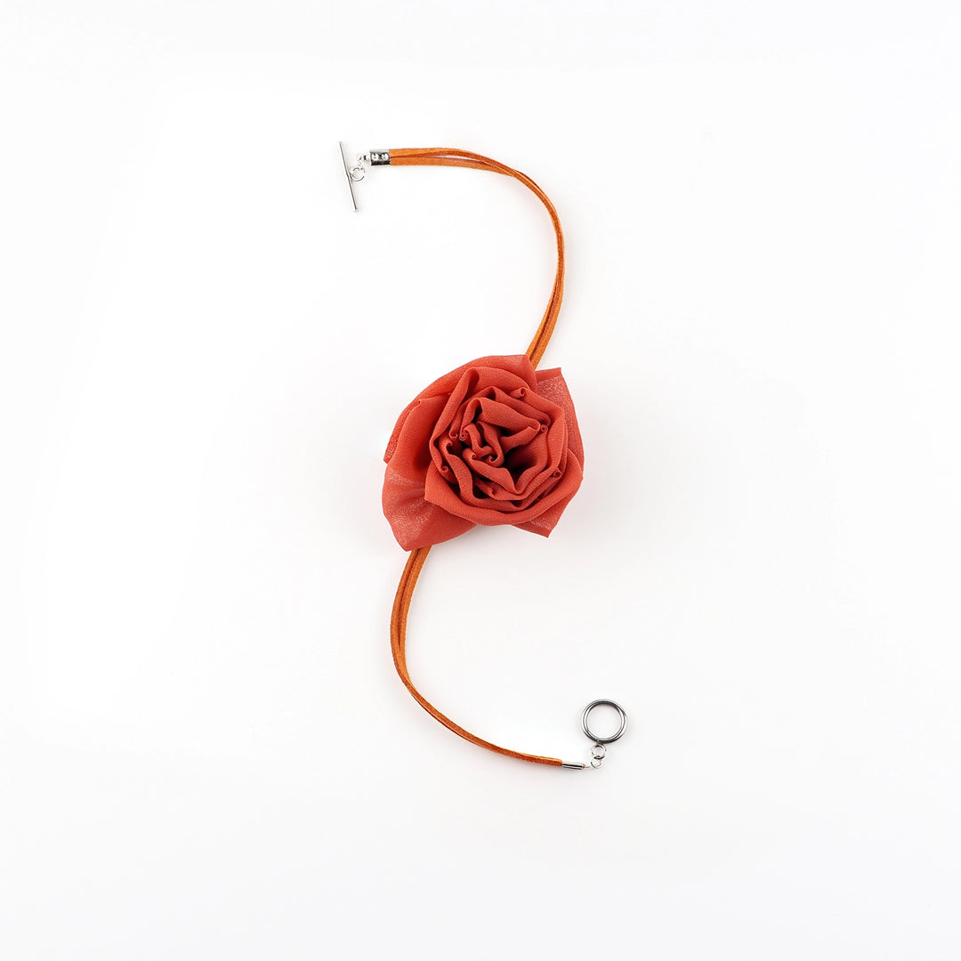 Full view of red silk rose choker necklace with suede cord and toggle clasp