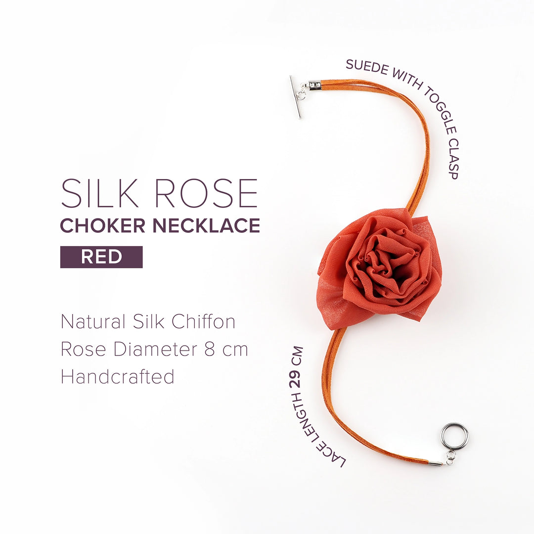 Infographic showing red silk rose choker necklace with size, materials, and toggle clasp details
