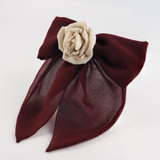 Handmade Maroon Chiffon Bow Hair Clip with Nude Silk Rose