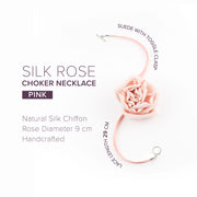  Informational image showing details of pink silk rose choker necklace with suede lace, toggle clasp, and 9 cm chiffon flower

