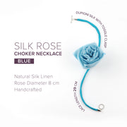Infographic of blue silk linen rose choker necklace with size, materials, and clasp details