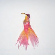 Handcrafted hummingbird brooch in bright yellow and pink with sequin details, shown from the front against a white background.